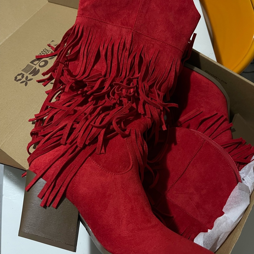 Red Fringe Faux Suede Boots